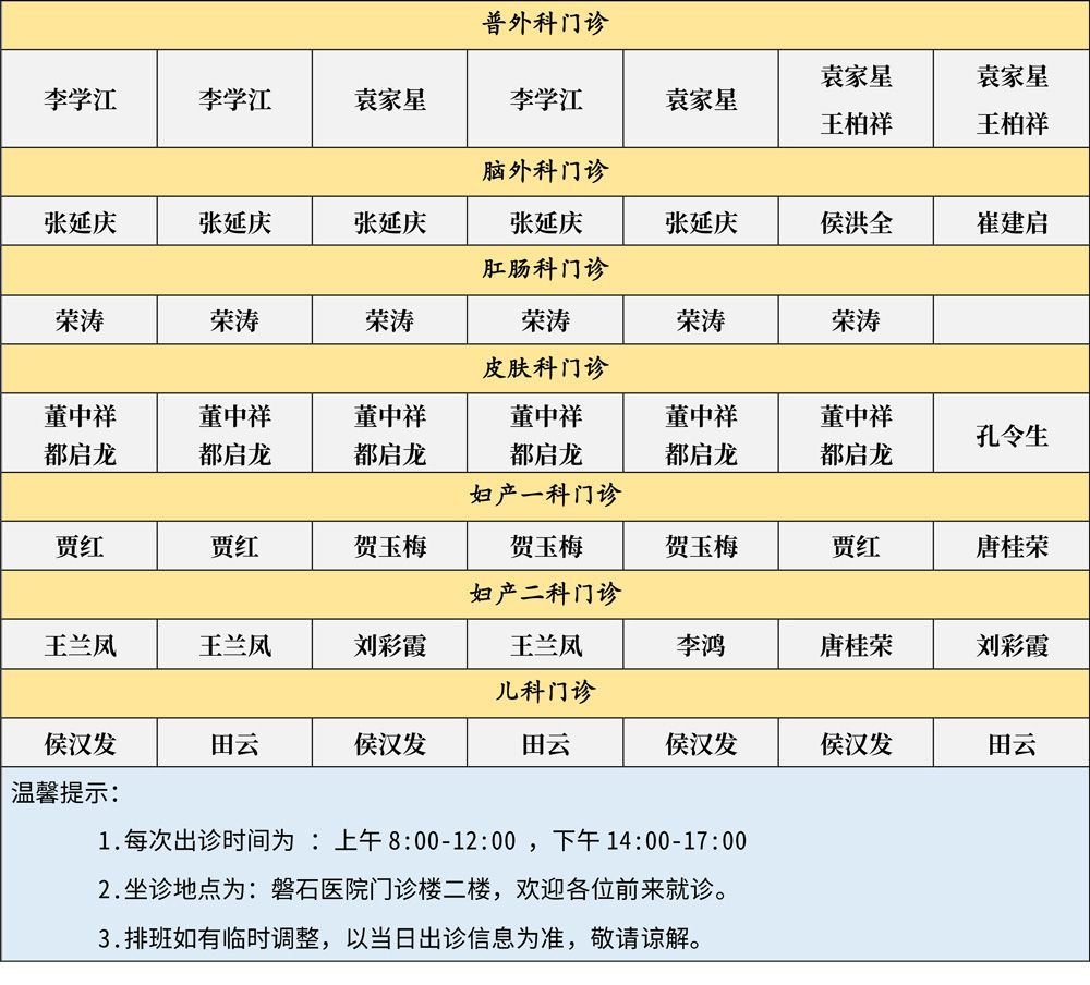 曹县磐石医院门诊医师出诊排班表0320-0326