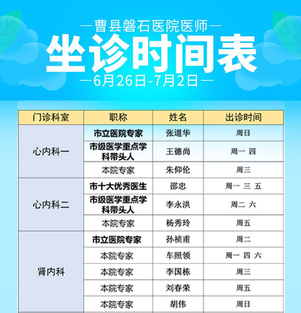 曹县磐石医院门诊医师出诊排班表0630-0702