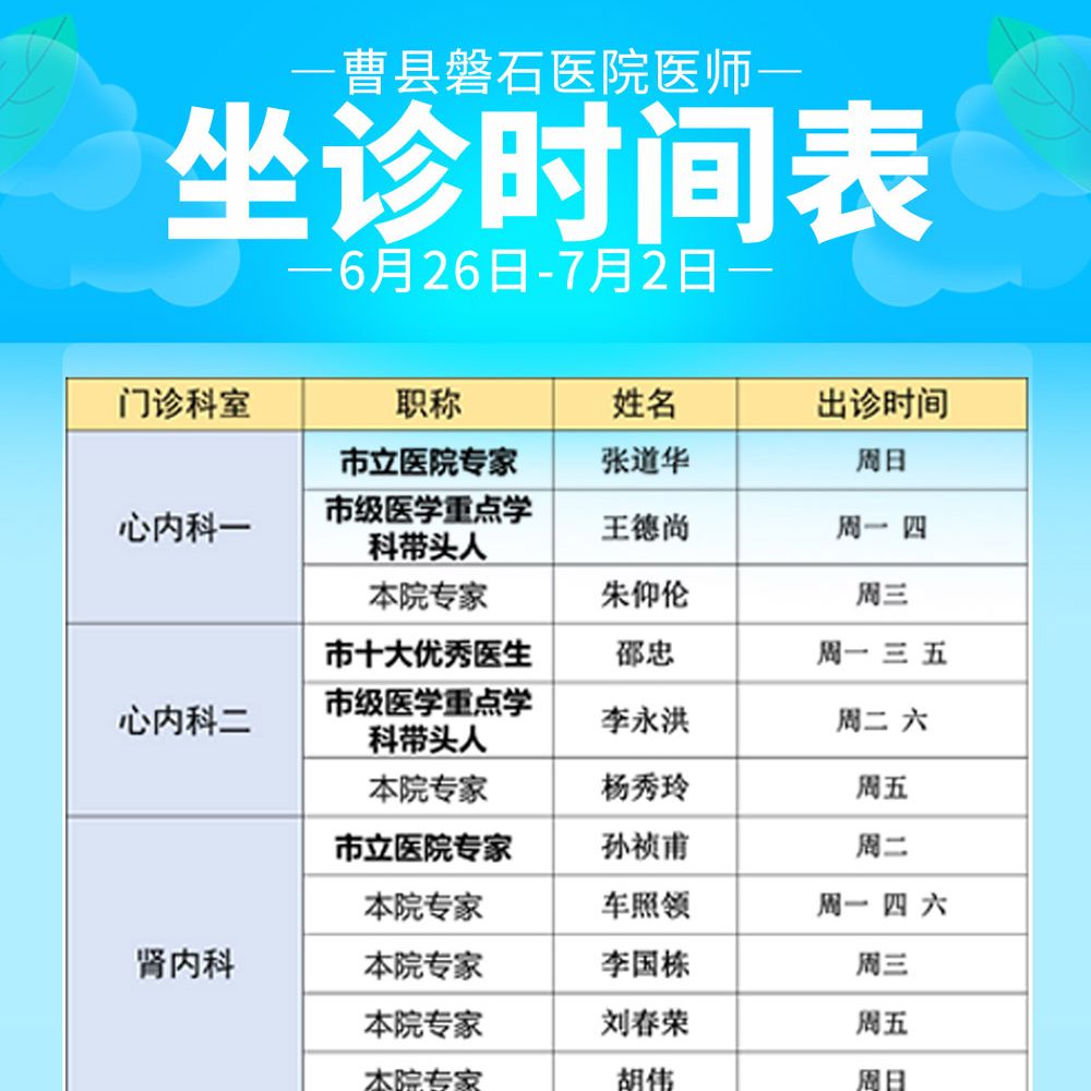 曹县磐石医院门诊医师出诊排班表0630-0702