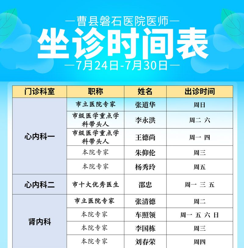 李建军、邵忠、马春君等磐医名家坐诊时间（7月24日-7月30日）